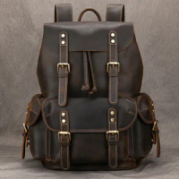 Luufan Men's Leather Backpack Vintage Crazy Horse Leather Male Daypack Large Capacity Travel Backpack Bagpack School Bag For Man