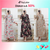 Dress Pita Lengan Balon Bahan Rayon Motif Gamis Muslim Wanita Panjang 130  cm Cantik Lembut Nyaman