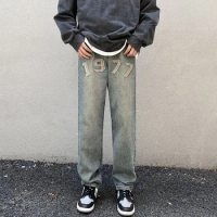 Jeans Bordir Baru, Celana Longgar Lurus Pria, Musim Semi dan Musim Gugur Celana Mode Biru Nostalgia Gaya Hip Hop Jalanan Pria