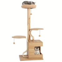 Wooden Cat Tree Cat Tower, Cat Condo Plush Top Perch Jumping Platforms # Cat toys interactive Catnip lollipops Litter box Cat bo