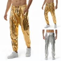 Oldyanup Men Nightclub Style Jogging Pants Fashion Metal Shiny Party Disco Trousers Spring Summer Casual Sports Leggings Pant