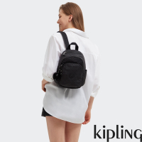 Kipling 經典黑菱格紋印花拉鍊式小巧收納後背包-DELIA MINI