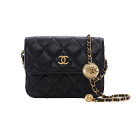 CHANEL 香奈兒 品牌經典雙C LOGO小金球調節扣菱格小羊皮mini斜背包(黑金)