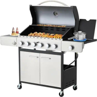 MELLCOM 6 Burner BBQ Propane Gas Grill, 58,000 BTU Stainless Steel Patio Garden Barbecue Grill with Stove and Side Table