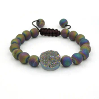 Titanium Colors Crystal Druzy Frosted Agate Round Beads Hand-knitted Strand Bracelet Centipede Knot