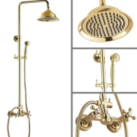 Shower Faucets Gold Brass Bathroom Shower Mixer Tap Faucet Set Rain Shower Head Wall Mounted Bathtub Faucet Sets zgf323