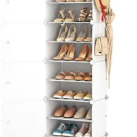 10 Tiers Tall Shoe Rack 20 Pair Organizer Narrow Rack with Door Portable Shoe Storage Cabinet with Hooks