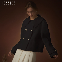 JESSICA - 甜美娃娃領雙排扣短版羊毛外套J35C09（黑）