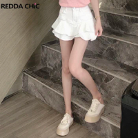 REDDACHiC Teen Girl Mini Short Ruffled Denim Skirt Pleated Plain White Jean Skirt Skort 2023 Summer New Korean Women Clothes
