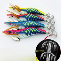 Fishing Fake Bait Wooden Shrimp Ringing Bead Squid Hook Set Luminous Octopus Hook Luya Fake Bait Cut