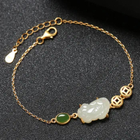 Classic design natural Hetian white jade Pixiu charm bracelet for women exquisite ethnic style chain bangles Simple jewelry