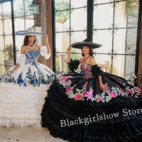 Mexican Princess Prom Dresses Quinceanera Dresses Black Sweetheart Sheath Floral Embroidery Pleated Corset Poncho Sweet 16 Dress