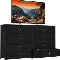 40/47 In Wide Dresser w/ 8 Fabric Drawers, TV Entertainment Center with Storage for 55'' TV, Large Chest of Drawers,Black Oak