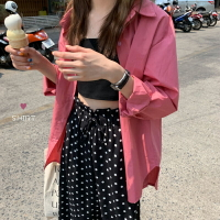 學生寬松百搭蜜桃粉色長袖襯衫女春秋新款純色翻領襯衣上衣1入