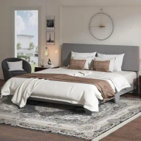Light Grey King Size Upholstered Platform Bed Frame with Adjustable Headboard, for indoor bedroom furniture