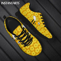 INSTANTARTS Yellow Bee Cartoon Pattern Women Flats Lightweight Lace up Running Sneakers Ladies Casual Mesh Shoes Spring Autumn