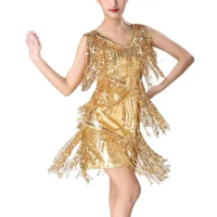 Sexy Shiny 1920s Flapper Gatsby Dress Double V-Neck Sleeveless Sequin Tassel Latin Jazz Party Dance Dress Vestido