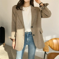 【巴黎精品】風衣外套休閒大衣-日韓休閒風寬鬆格子西裝女外套棕色a1in30
