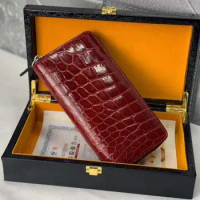 High glossy shinny genuine crocodile belly skin wallet clutch with inner cow skin lining burgundy color long zipper wallet purse