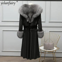 Fox Fur Collar Pure Mink Fur Coat Women's Whole Mink Midi Long Fur Clothes for Woman Luxury 2023 Winter Coat Female Clothing FCY