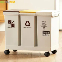 ECHOME 40/60L Trash Can Kitchen Sorting Recycling Push Type Wastebasket Dry and Wet Separation WITH Wheel Big Household Dustbin