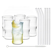 Creative Bamboo Shape Drinking Glasses with Straws, Thin Highball Glasses,Glass Cups Set of 6, For Water,Juice,Beer,Drinks