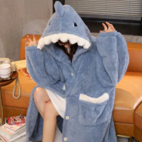 Shark Robe for Women Sleepwear Nightdress Winter Night Wears Warm Fleece Pajama One Piece Nightgown Button Long Sleeve Homewear