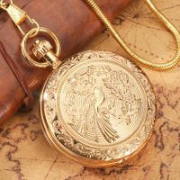 Grandeur Double Shell Mechanical Big Pocket Watch Fine Bird Carving Style Arabic Digital Dial Gold Necklace Pendant Hour Women