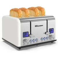 Toaster 4 Slice, Stainless Bagel Toaster with LCD Timer, Extra Wide Slots, Dual Screen, Removal Crumb Tray (White)