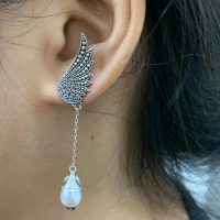 Anting Earrings Sumpel Stud Tusuk Perak Silver Bali Panjang Bulu Sayap Malaikat Rantai Mutiara Asli 