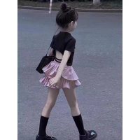 2025 Summer Girls' Outfit New Children'S Backless Short Sleeve T-Shirt Cake Skirt Two-Piece Set Styl
