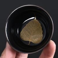陶福氣 金葉子黑天目茶杯盞 家用金葉子黑陶瓷主人杯茶碗品茗茶杯