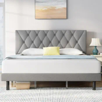 Queen Bed Frame with Adjustable Headboard, Linen Fabric Wrap, Strong Frame and Wooden Slats Support, No Box Spring Needed,