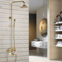 Gold Color Brass Shower Faucet Set 8 Inch Shower Head Hand Shower Sprayer W/ Hand Shower Wall Mounted Mixer Tap zgf364
