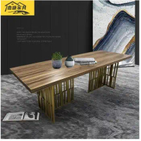 Rock marble rectangular dining table Nordic luxury industrial style desk brushed copper post-modern 