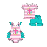 easter boutique clothing baby girl outfits cross CHRIST IS RISEN print striped short-sleeved top shorts suit cute baby jumpsuit