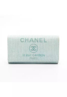 Chanel Pre-Loved Chanel Deauville Bi-fold Long Wallet fabric leather turquoise blue silver hardware