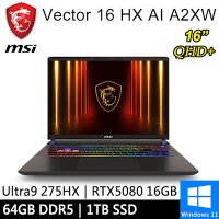 微星 Vector 16 HX AI A2XWIG-014TW-SP6 16吋 灰(Ultra 9 275HX/64G/1TB SSD/RTX5080 16G/W11)特仕版