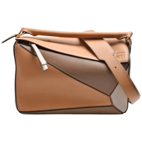 【LOEWE 羅威】經典PUZZLE BAG系列幾何拼接撞色設計小牛皮手提/肩背包(棕色A510S20X08-BROWN)