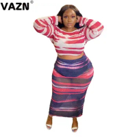 VAZN 2021 Top Quality Young High Waist Sexy Club See Through Open Full Sleeve Maxi Skirts Skinny Women 2 Piece Set
