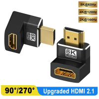 Bộ 2 adapter HDMI góc 90° và 270°, hỗ trợ HDMI 2.1 (8K@60Hz), HDMI 2.0 (4K@120Hz), 2K; đầu đực sang 