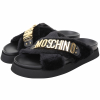 MOSCHINO 金屬字母毛絨寬版交叉涼鞋/拖鞋(黑色)