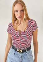 Olalook Striped Burgundy Snap-On Camisole Blouse
