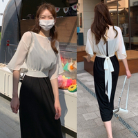 韓國製．兩件式透膚後綁帶罩衫+細肩帶洋裝．白鳥麗子