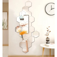 Decorative Mirror Wall-Mounted Self-adhesive Dressing Mirror Sticker Hexagonal Background Wall Stitching Wall Stickers 14Pcs/lot