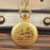 Large retro sleek pocket watch Classical thick chain embossed sailing pocket watch
