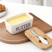 Ceramic Butter Dish with Bamboo Cover Butter Knife Rectangular Sealed Jar Western Cheese Butter Box Kitchen Accessories