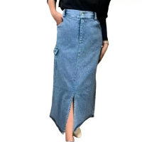 ROK THEANA Model highwaist rok jeans Wanita Denim Panjang Stretch Kancing Samping Tebal