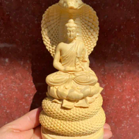 Shakyamuni Buddha Statue Naga Meditating Buddha Statue Wood Buddha Seated on Naga Throne Buddha Statue Candle Light Handmade