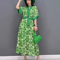 XITAO Fashion Print Dress Loose Casual Splicing V-neck Bandage Pullover New Dress 2024 Simplicity Temperament Women WLD7658